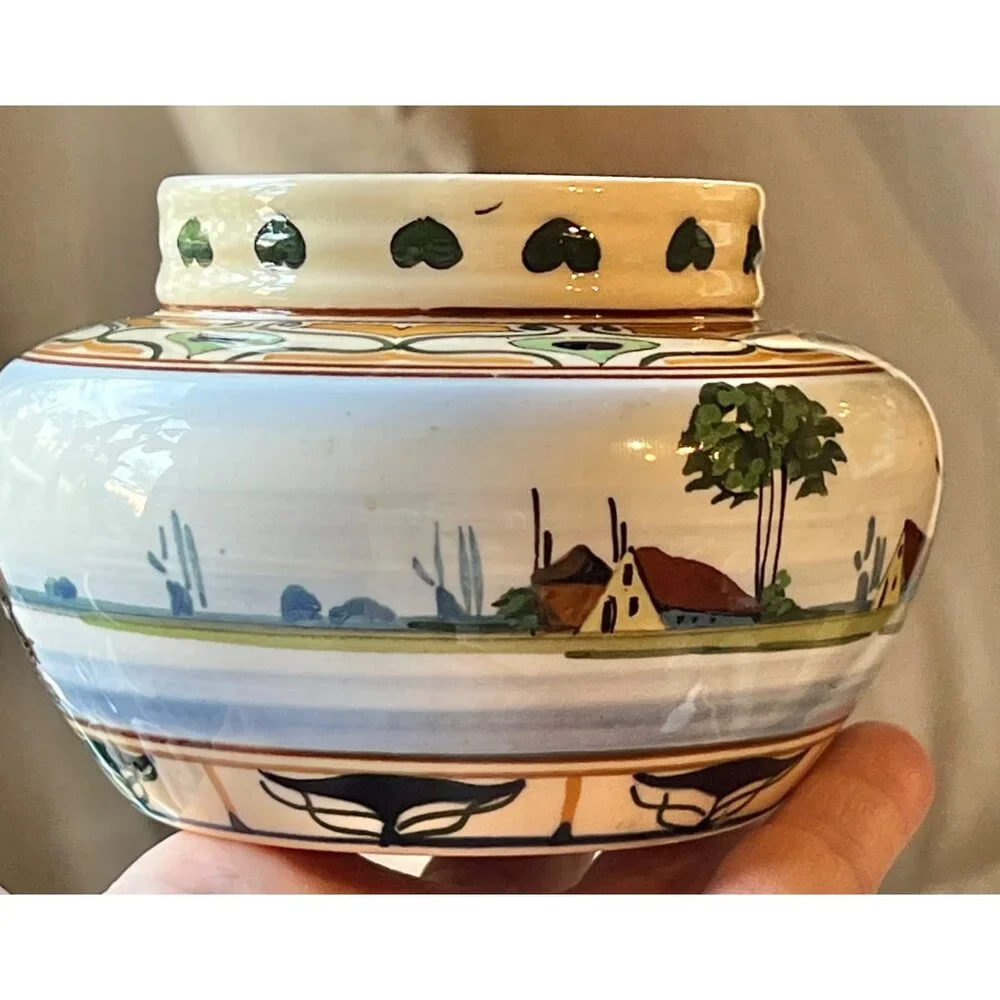Art Nouveau Gouda Dutch Vase 4.5” D x 3” T Hand-Painted Zuid Holland Ceramic GUC